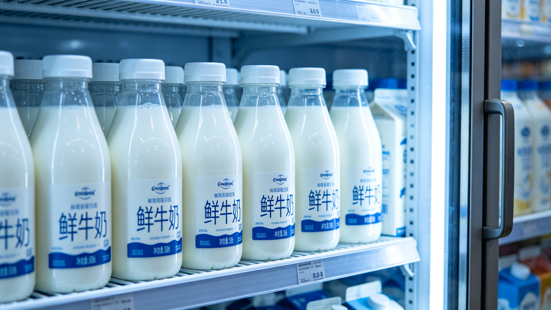 超市冷藏柜中的低温巴氏鲜奶