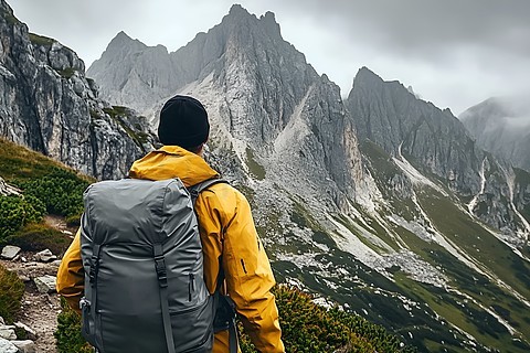 穿黄色冲锋衣的背包客面对灰岩山峰